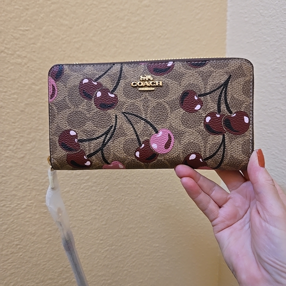 Coach Long Zip Around Wallet In Signature Canvas With Cherry Print - Picture 12 of 13